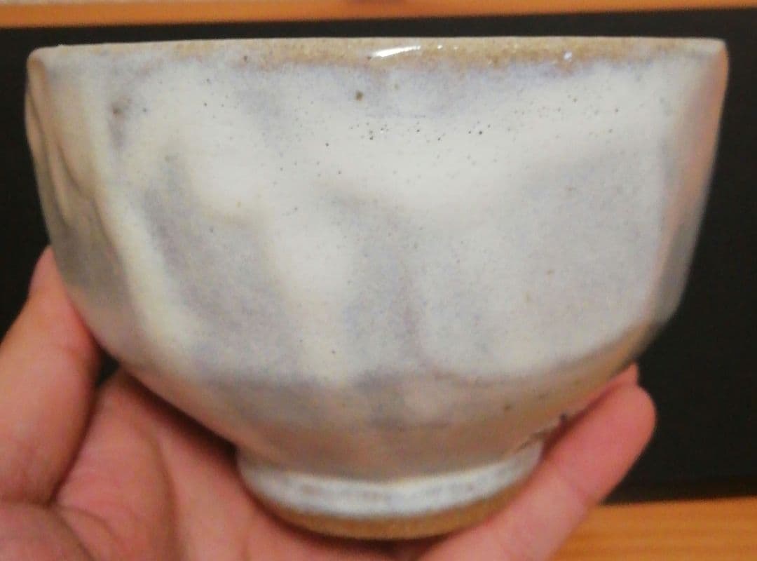 浜田晋作　益子焼　白釉　面取　茶碗　共箱　略歴付　茶道具