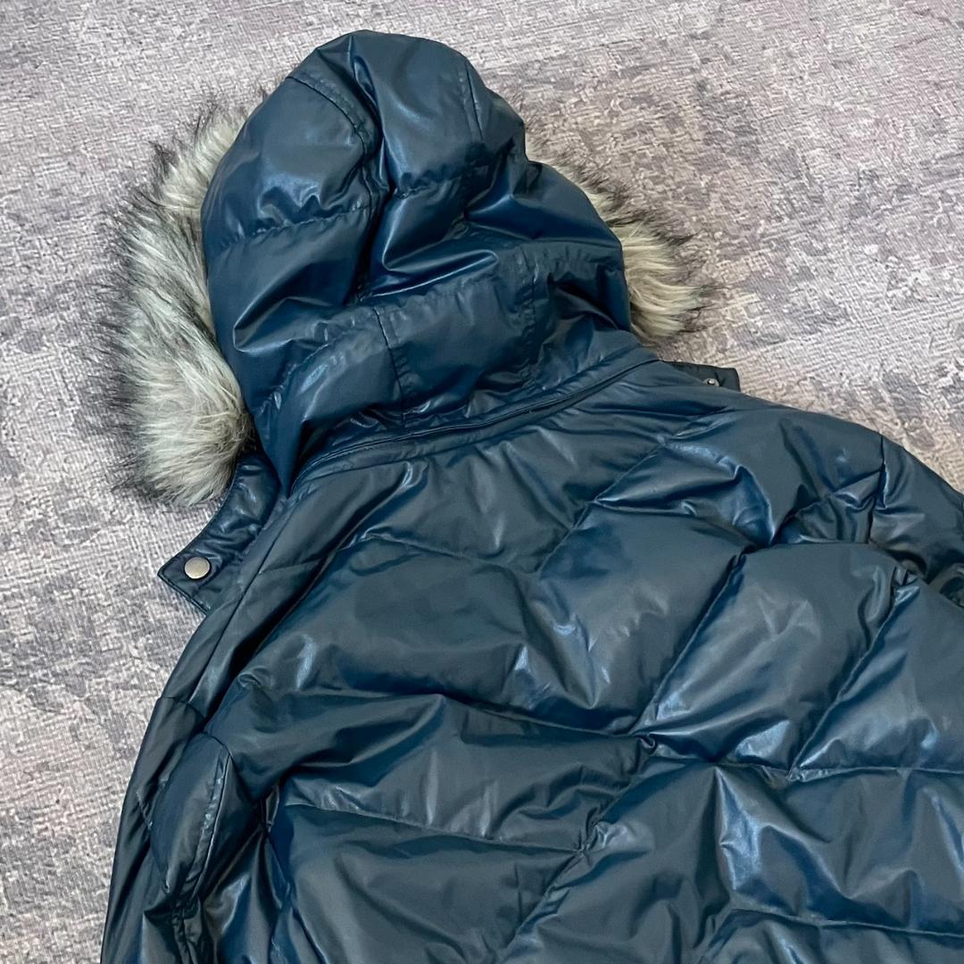 【Y2K】オールドユニクロ ダウンジャケット フェイクレザー 光沢 ファー 紺