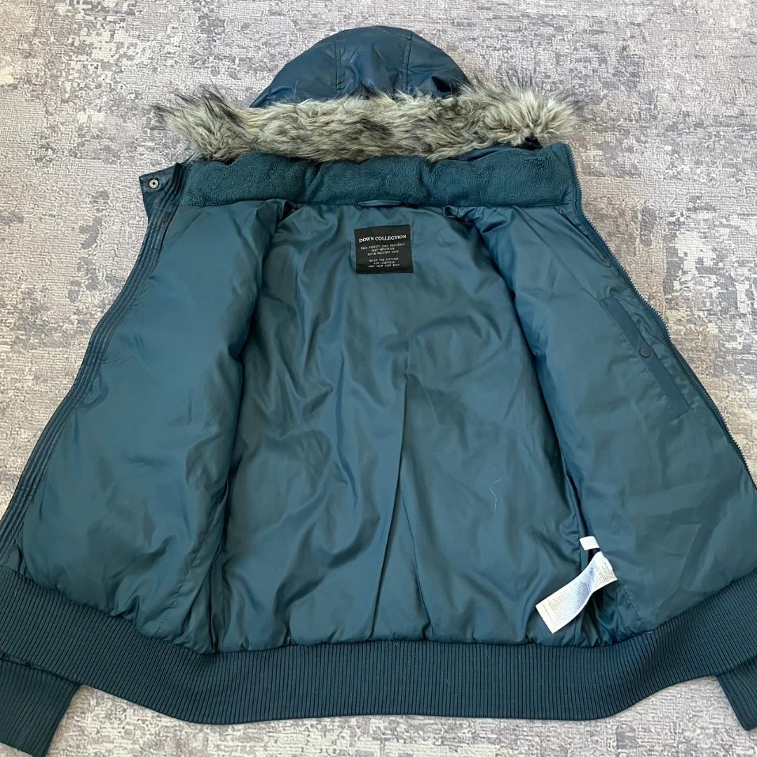 【Y2K】オールドユニクロ ダウンジャケット フェイクレザー 光沢 ファー 紺