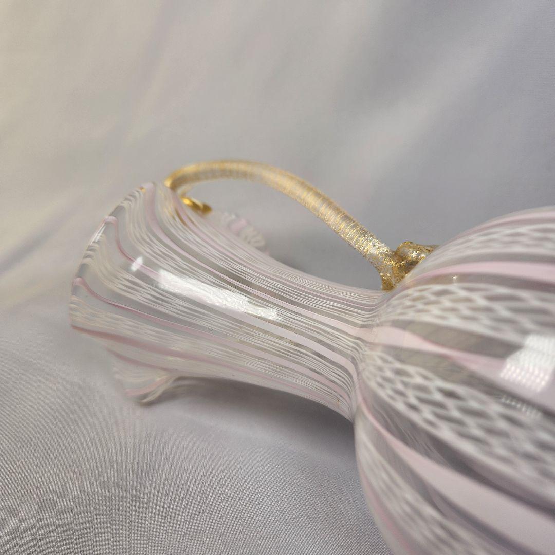 MURANO ITALY金彩 ピンクレースライン ピッチャー 花瓶