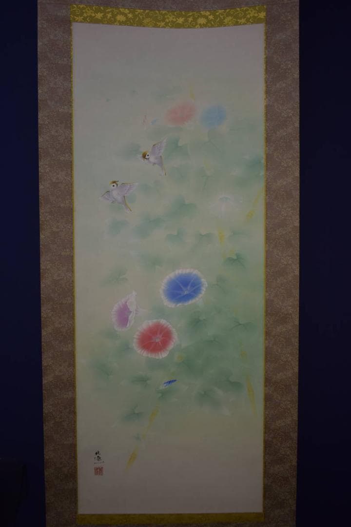 真作/小川北遥/雀/朝顔/桐共太巻箱付/布袋屋掛軸HI-704