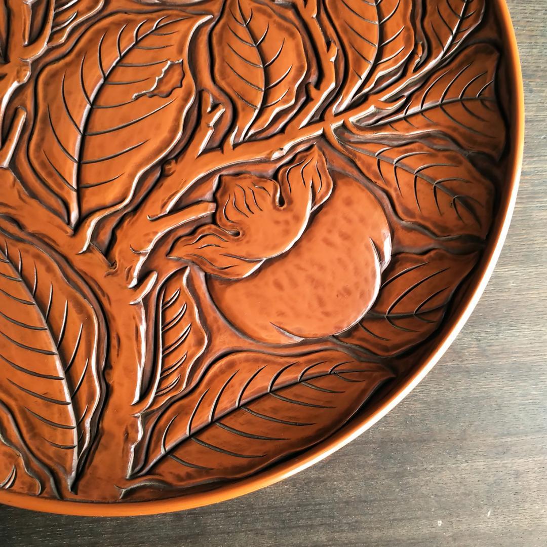 鎌倉彫　博古堂　大型　11寸　35.5㎝　柿モチーフ　丸皿・丸盆