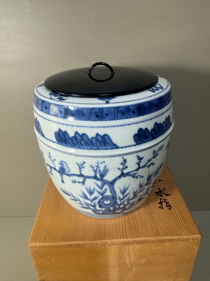 2637 川瀬満之作　染付花鳥文　水指　共箱　茶道具