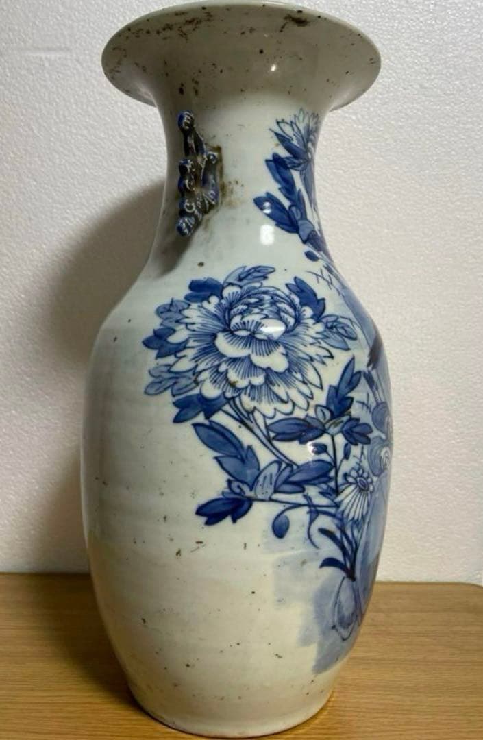 清時代 青花花鳥紋双耳瓶 中国骨董品。