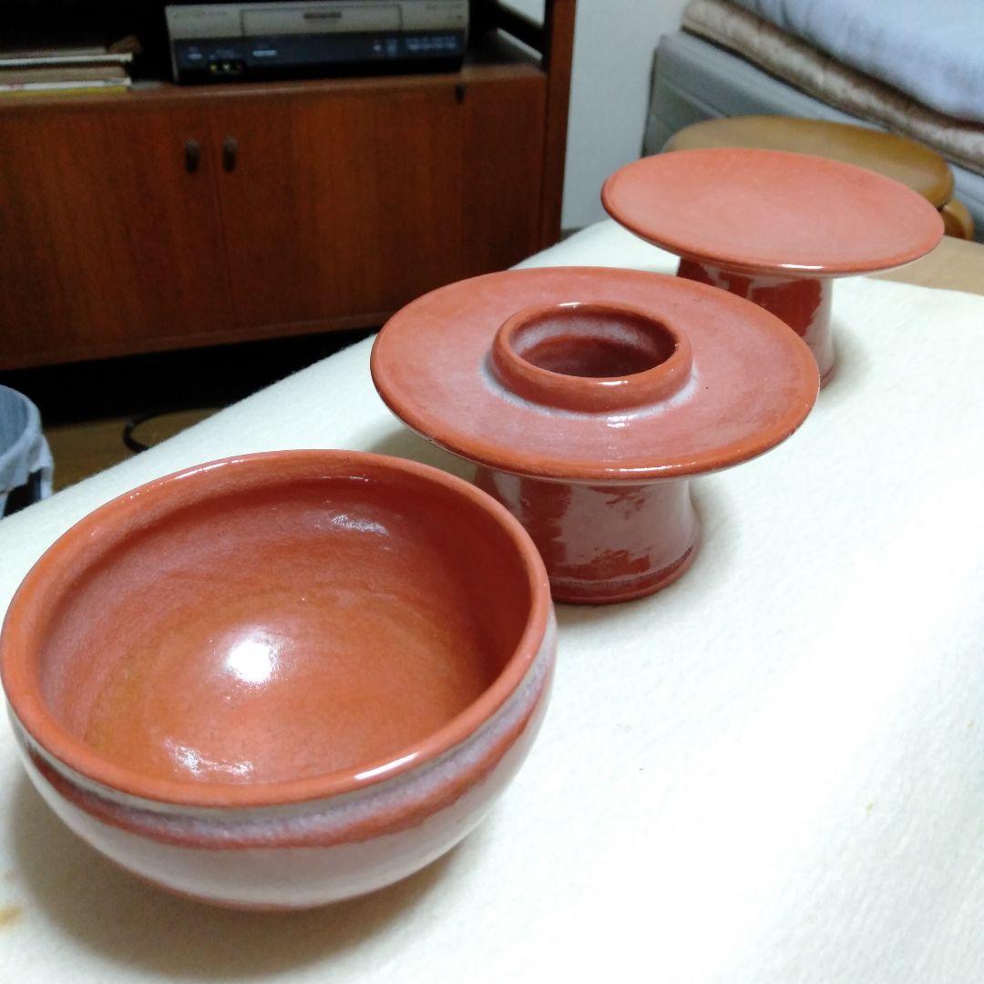 松楽　赤　供茶茶盌　三点