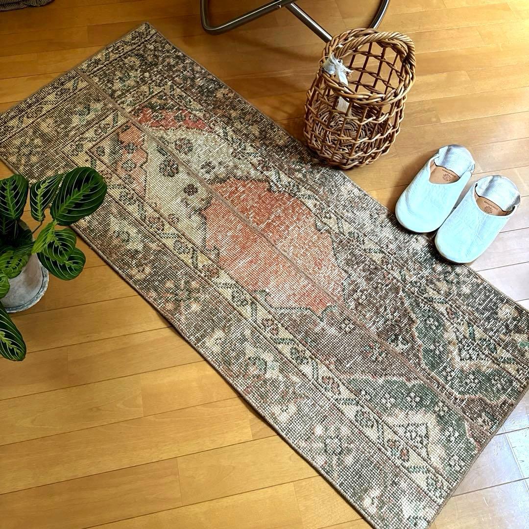50×119パッチワーク　淡いサーモン×グレージュ　トルコヴィンテージラグ