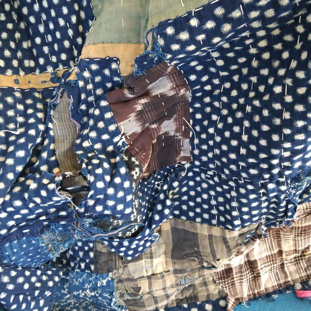 藍色 ボロ布 綿 布団 敷物 大判 骨董品 ボロ布市 明治期