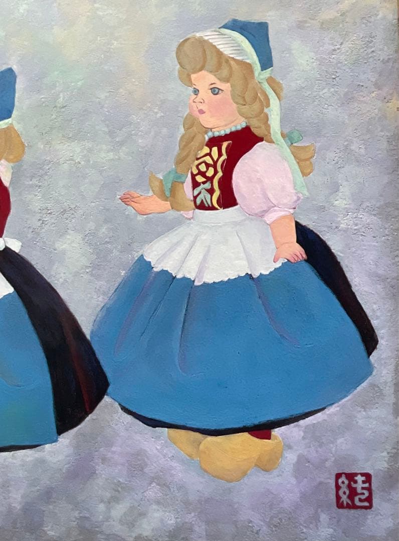 真作・神林 純子　純日本画　人形　10号P型　和紙に良い絵の具で柔らかなタッチ。