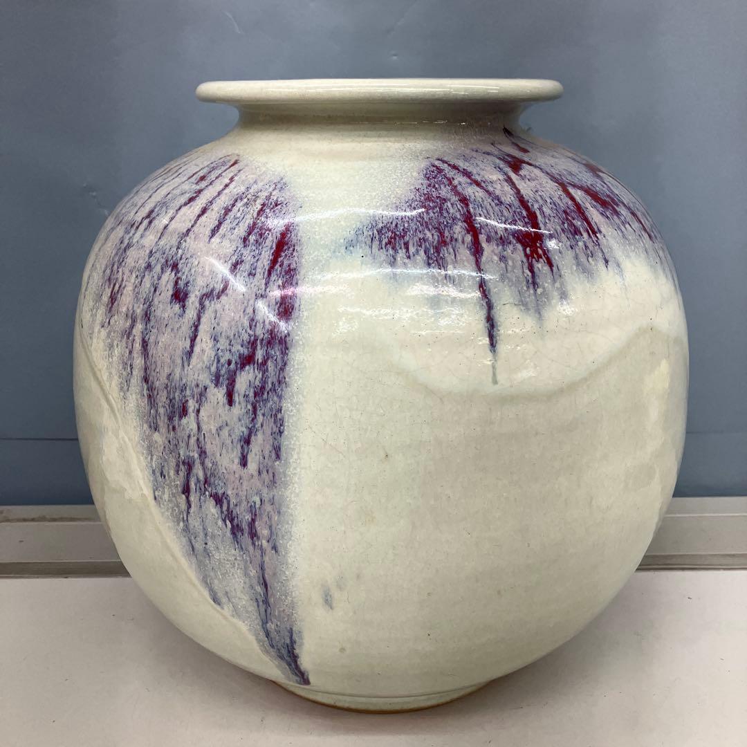 4F 昭和レトロ 陶器製 花瓶 壺型 白×紫 釉薬アート フラワーベース 古道具