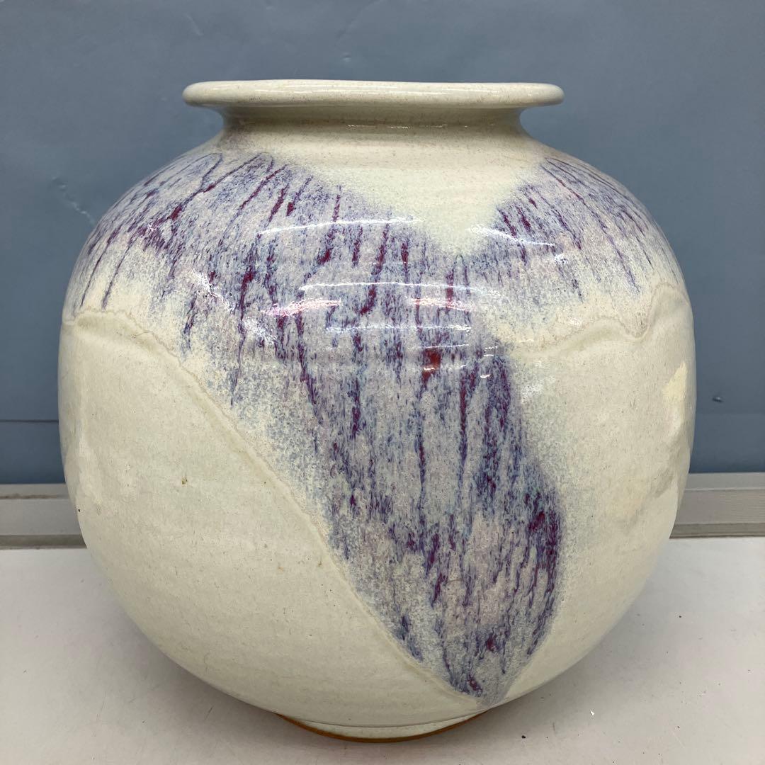 4F 昭和レトロ 陶器製 花瓶 壺型 白×紫 釉薬アート フラワーベース 古道具