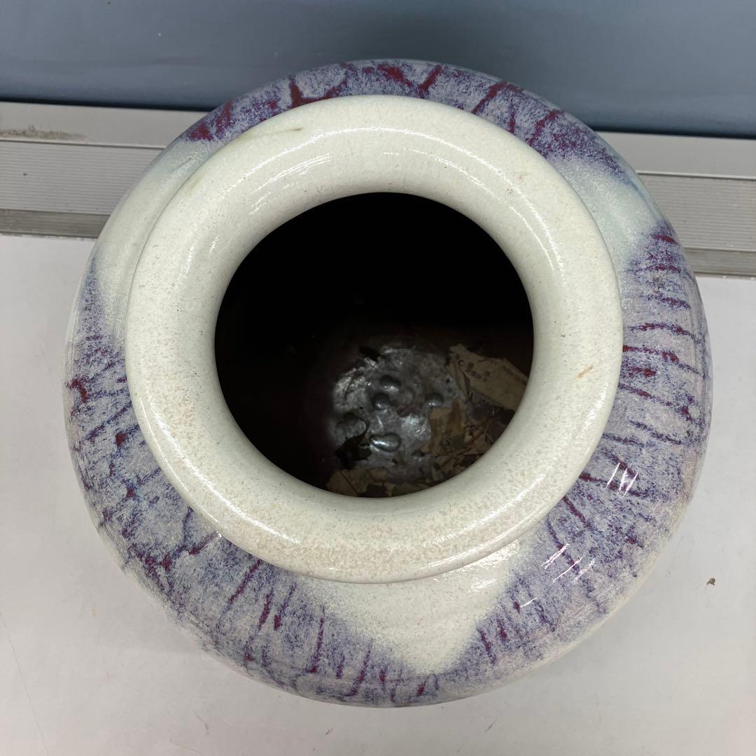 4F 昭和レトロ 陶器製 花瓶 壺型 白×紫 釉薬アート フラワーベース 古道具