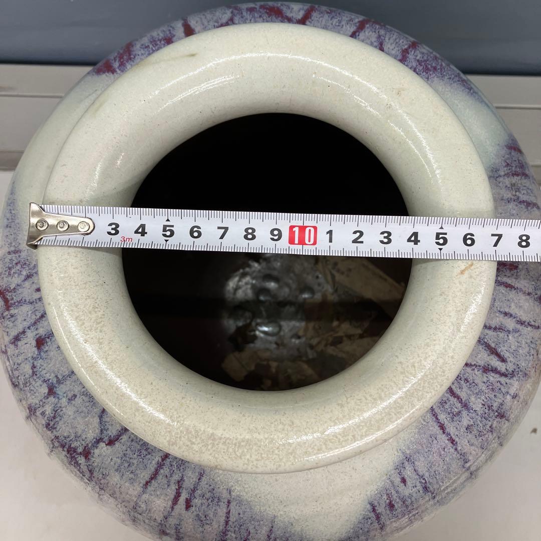 4F 昭和レトロ 陶器製 花瓶 壺型 白×紫 釉薬アート フラワーベース 古道具