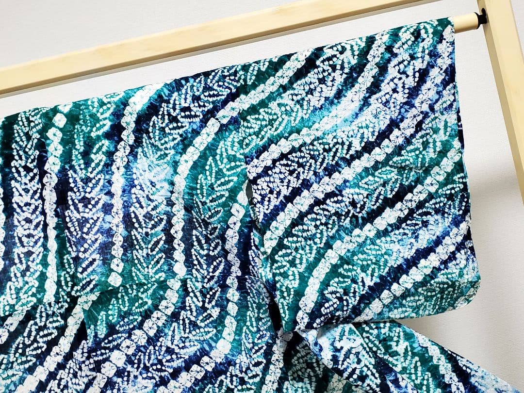 A9 有松鳴海絞り 流れ模様 藍染 エメラルドグリーン 綿 浴衣 着物 K2