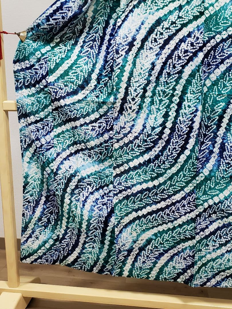 A9 有松鳴海絞り 流れ模様 藍染 エメラルドグリーン 綿 浴衣 着物 K2