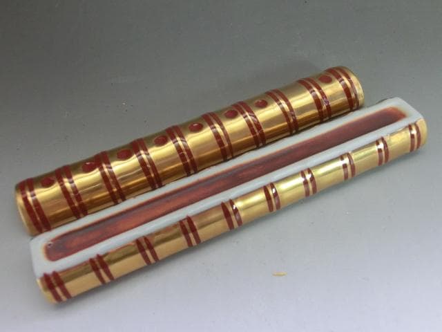 香合■金彩 横笛香合 芳瓦 桐共箱 お茶道具 古美術 時代物 骨董品■