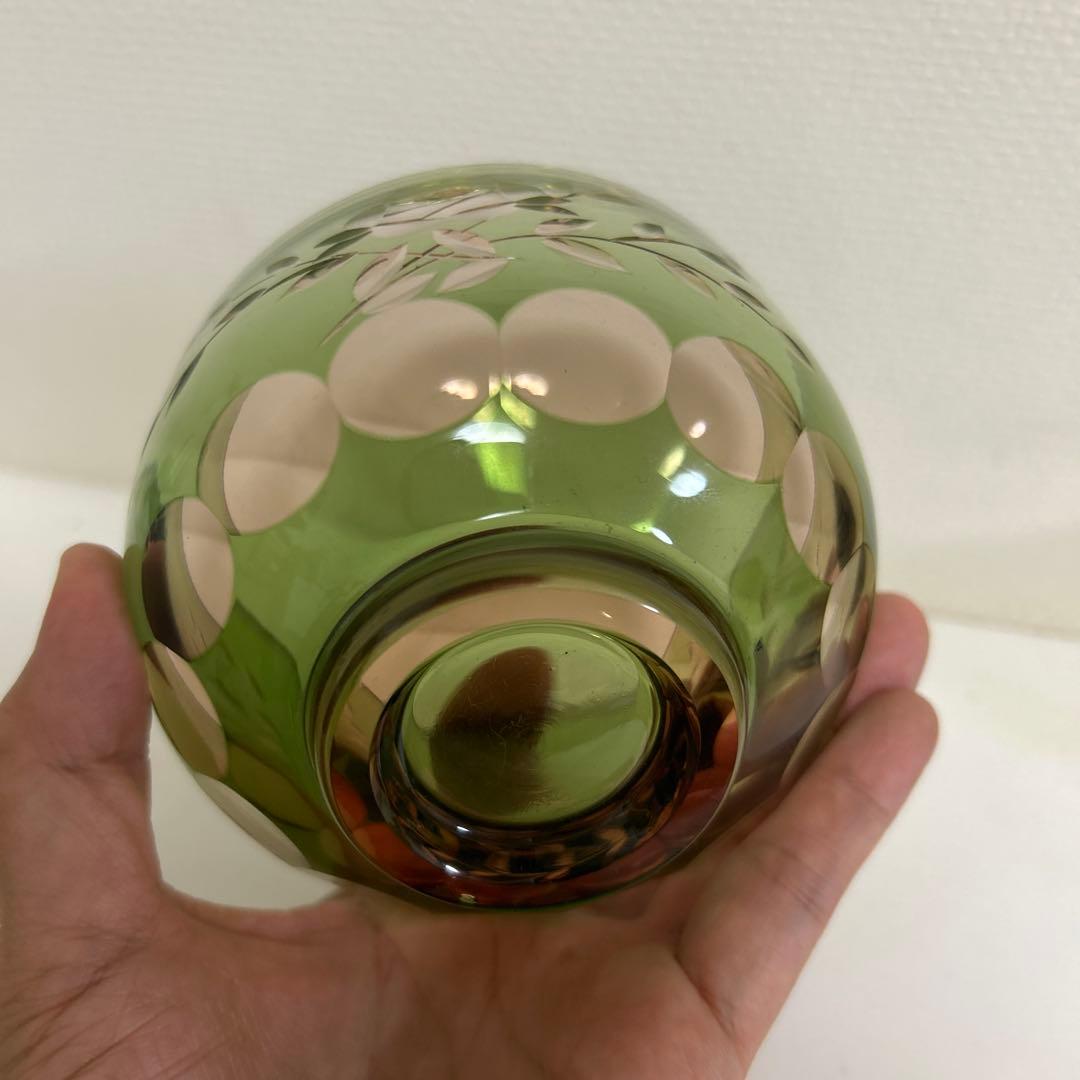 ぴ*ん様 ぎやまん　義山　北一ガラス　切子　抹茶椀　グリーン×ピンク