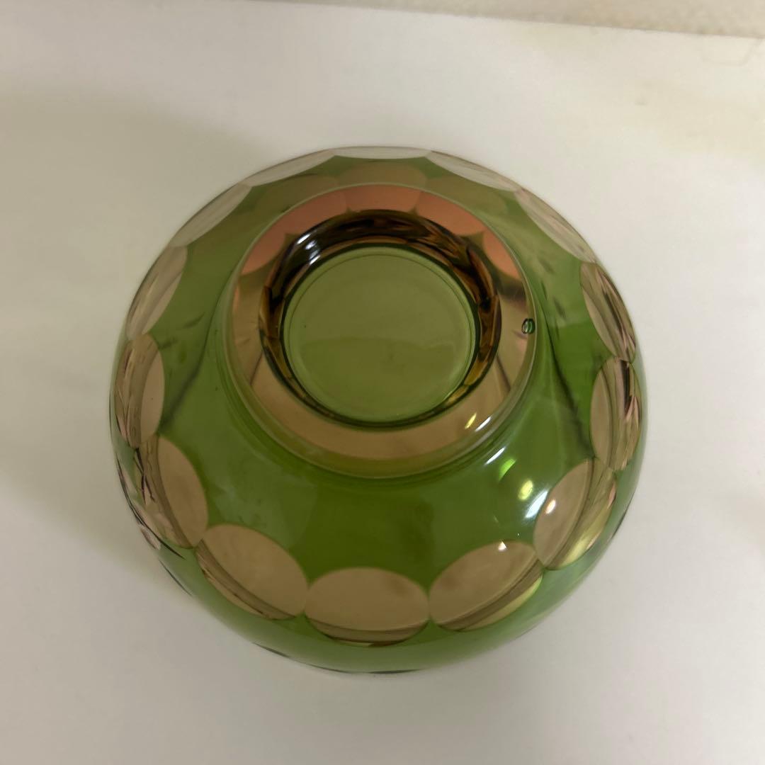 ぴ*ん様 ぎやまん　義山　北一ガラス　切子　抹茶椀　グリーン×ピンク