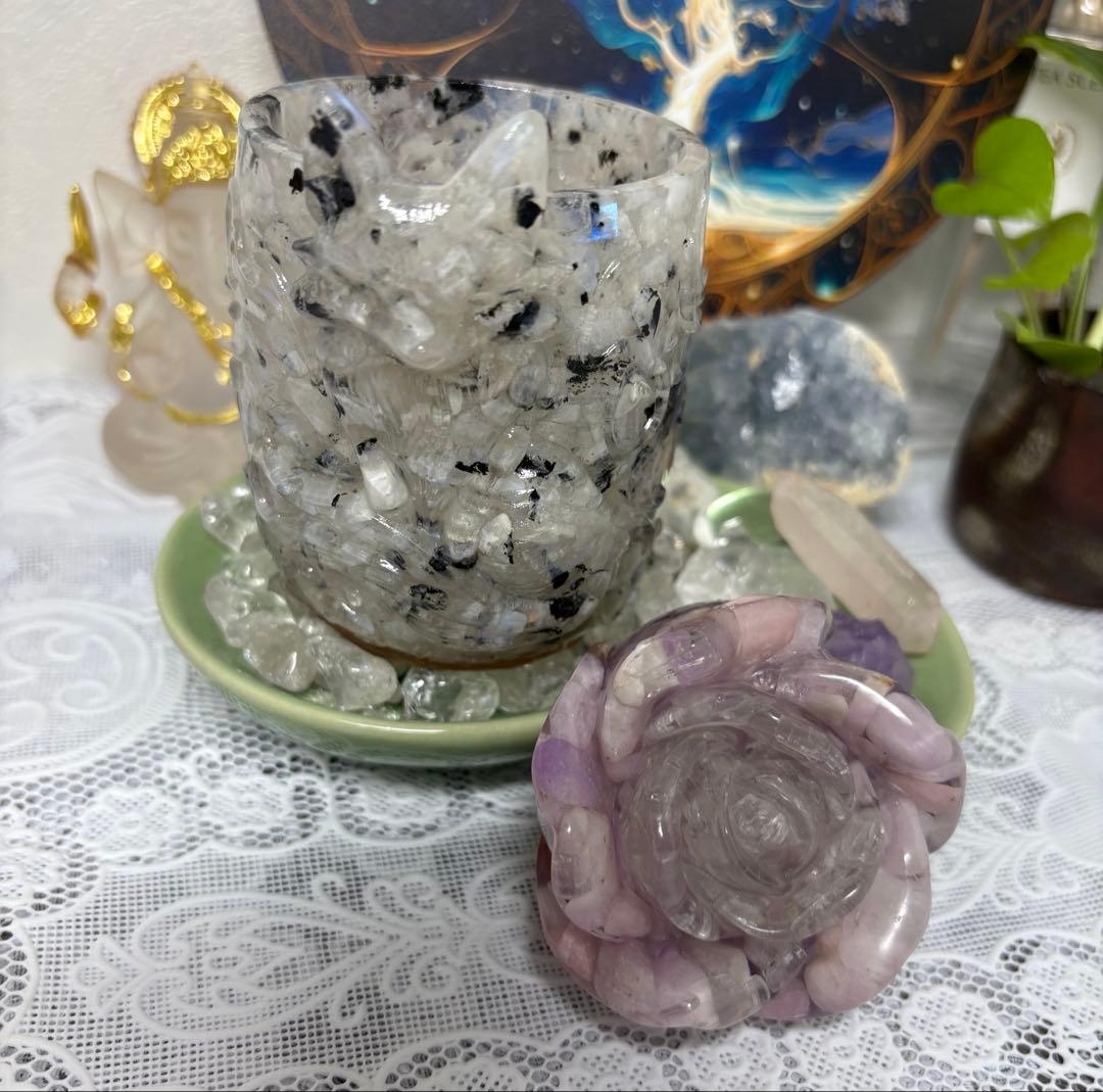 オルゴナイト 白い狐さんの小物入れ ムーンストーン