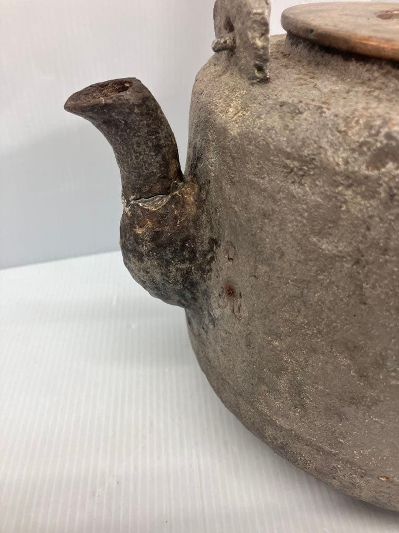 【時代物】青龍堂造鉄瓶 岩肌 銅蓋 京鉄瓶 煎茶道具 茶道具 骨董 アンティーク