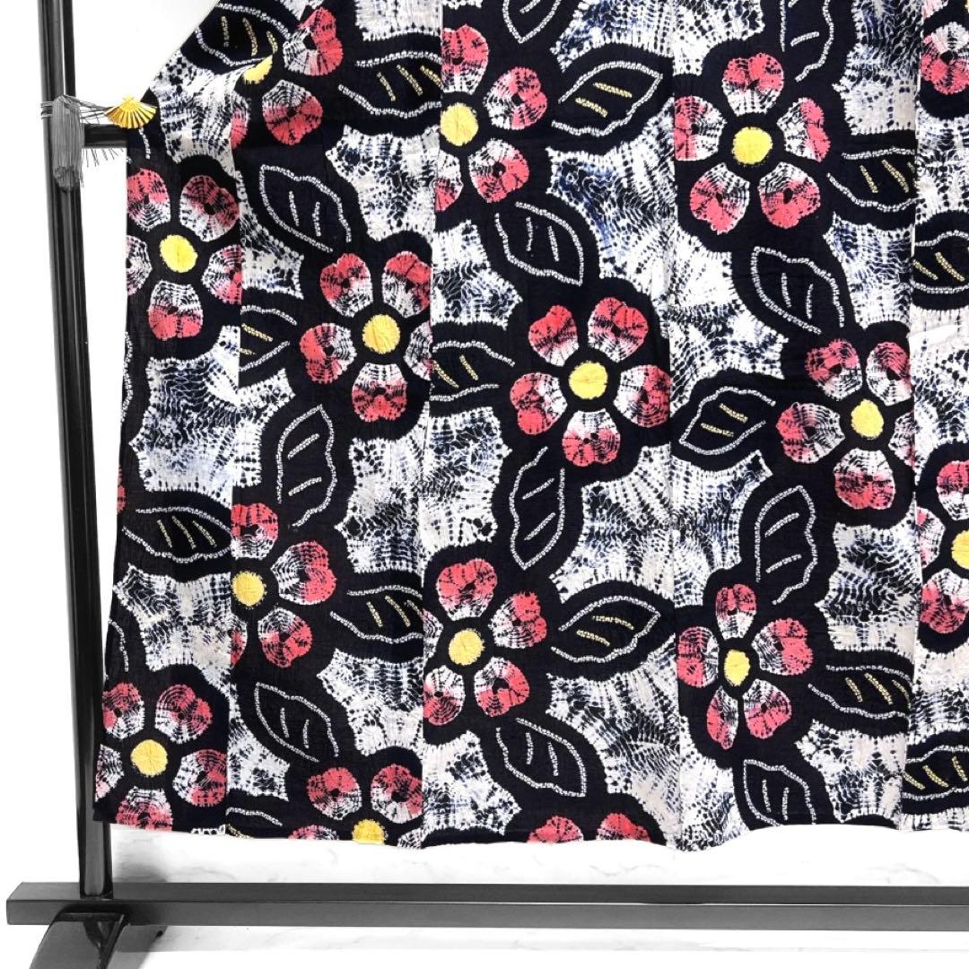 浴衣　有松鳴海絞り　花模様　リーフ 板締め　藍染　着物　063a d