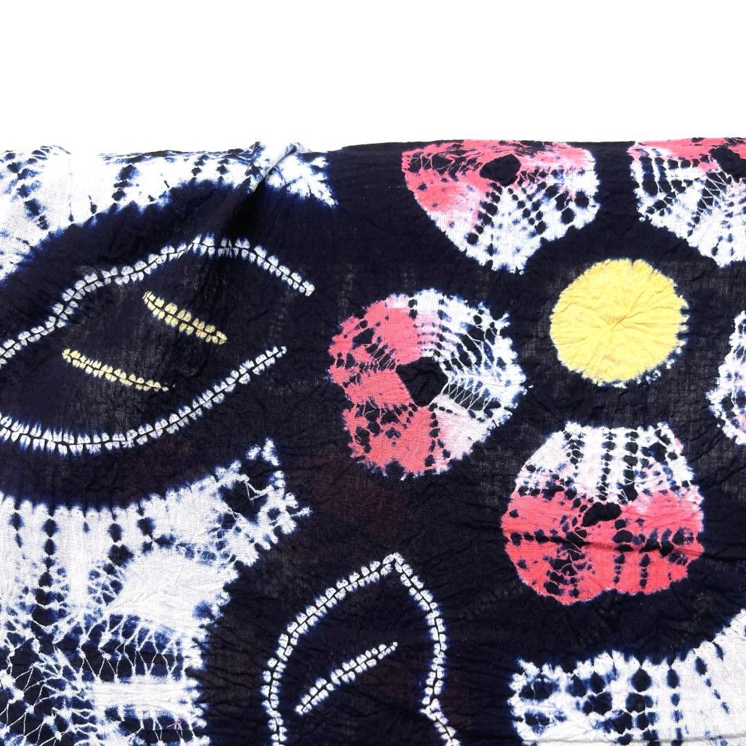 浴衣　有松鳴海絞り　花模様　リーフ 板締め　藍染　着物　063a d