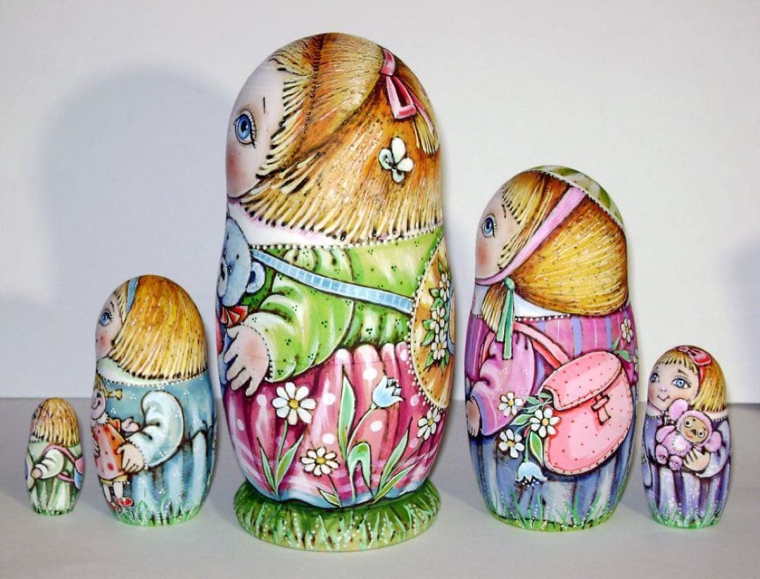 ロシア雑貨☆『Teddy bear』ウッドバーニング マトリョーシカ5P ミラ作