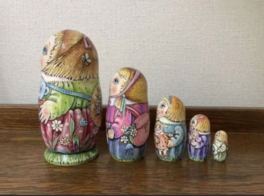 ロシア雑貨☆『Teddy bear』ウッドバーニング マトリョーシカ5P ミラ作
