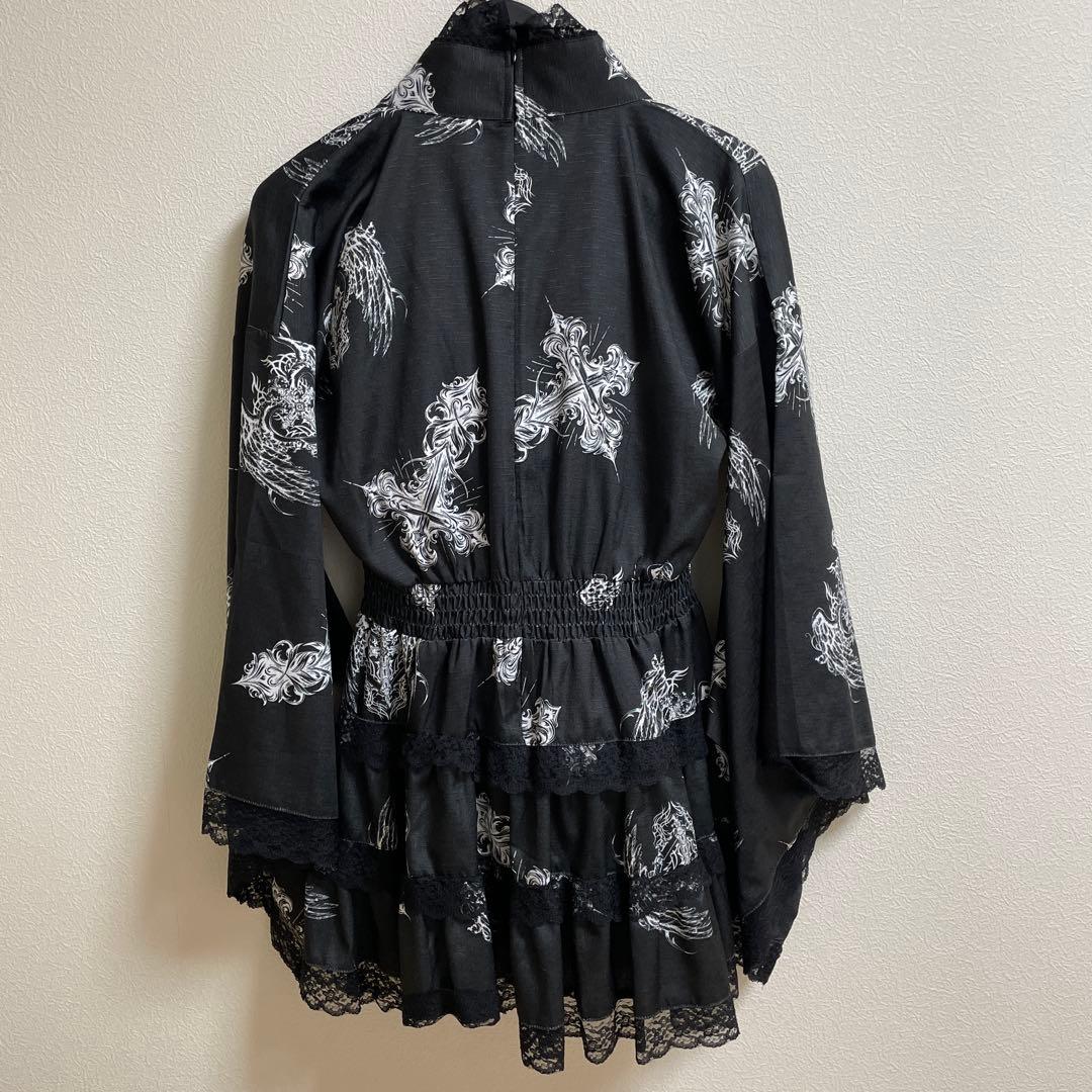 amilige クロスハート羽総柄浴衣ワンピース＋帯セット