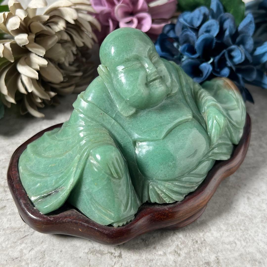 【翡翠】大型　布袋像翡翠吉祥置物　台付　中国古物　七福神