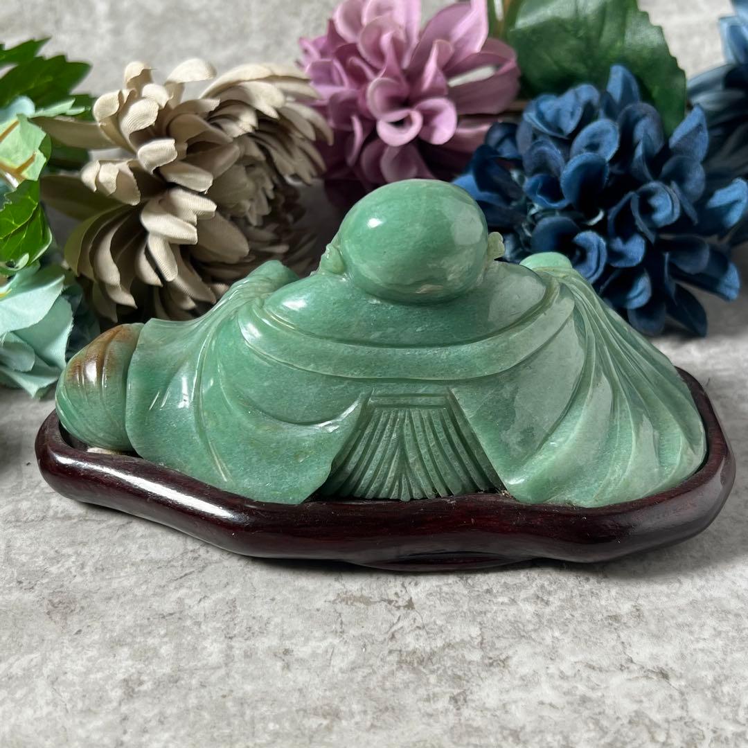 【翡翠】大型　布袋像翡翠吉祥置物　台付　中国古物　七福神