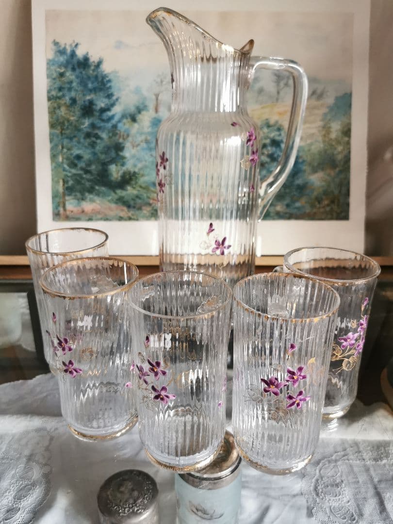 アンティーク 菫エナメル金彩 トールキャラフ＆グラス５客セット ドーム初期ガレ風