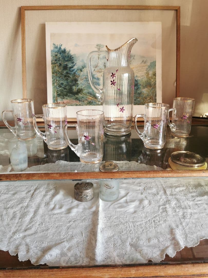 アンティーク 菫エナメル金彩 トールキャラフ＆グラス５客セット ドーム初期ガレ風