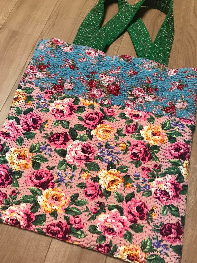 刺し子　刺子　波模様　花柄　バッグ 緑のハンドル付き　リバーシブル　グドゥリー