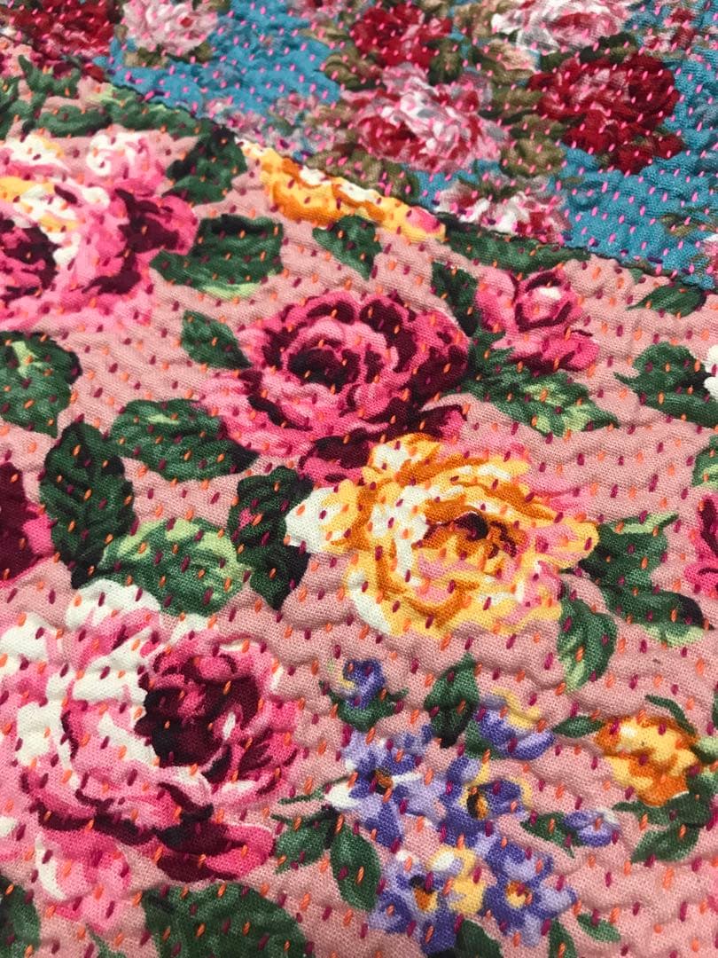 刺し子　刺子　波模様　花柄　バッグ 緑のハンドル付き　リバーシブル　グドゥリー