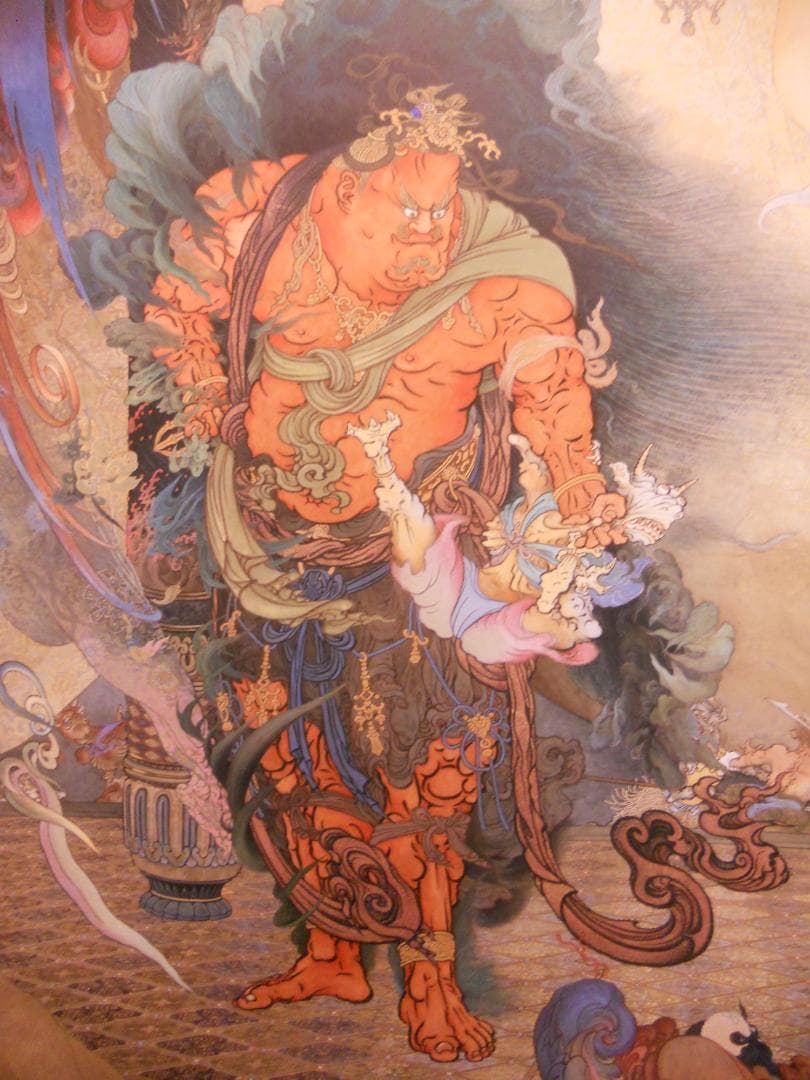 掛け軸 狩野芳崖 作『 仁王捉鬼図 』 絹本 名品 複製 希少 茶掛 掛軸 美品