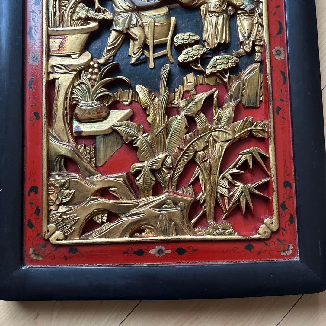 希少　骨董品　金彩　木彫　清時代　民国　大型　壁飾り　唐木