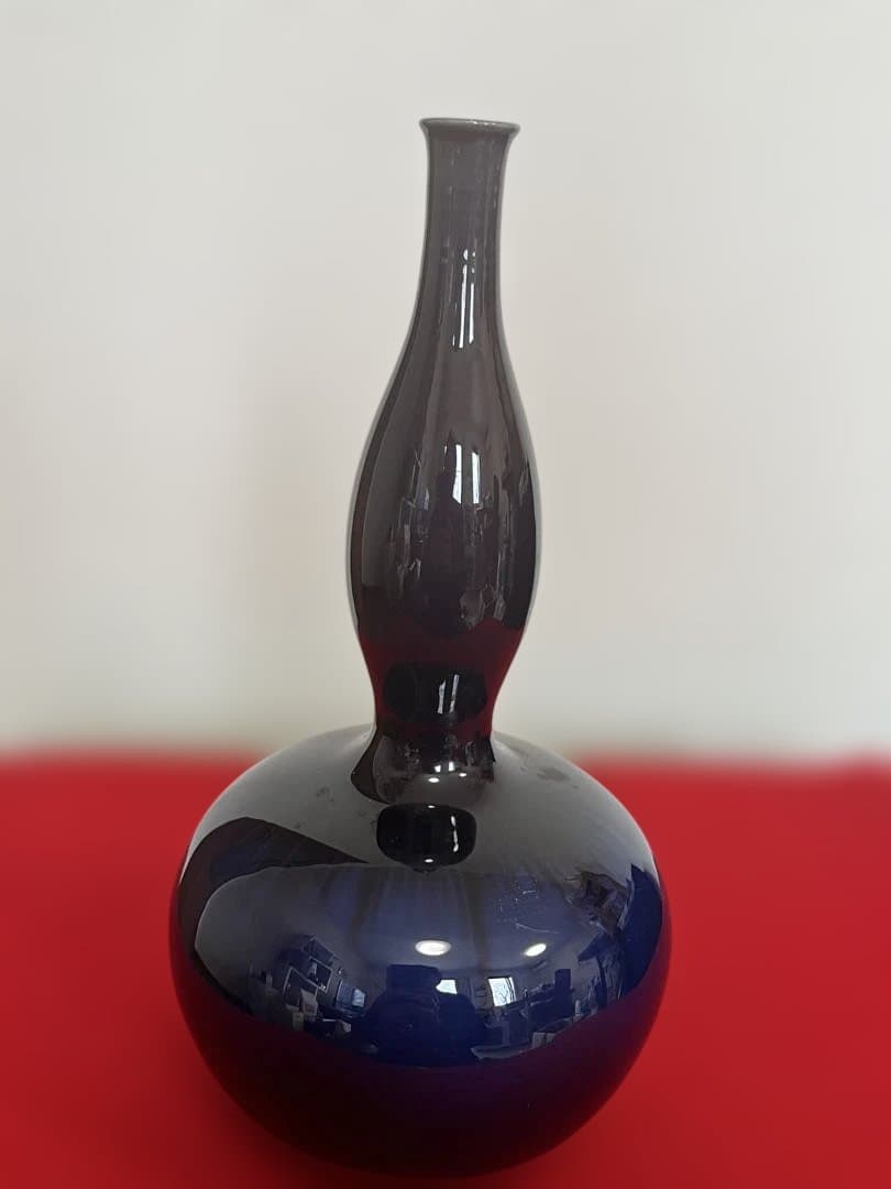 三代 徳田八十吉（正彦銘）深厚釉 瓢型 線文 花生 約29.5㎝ T306