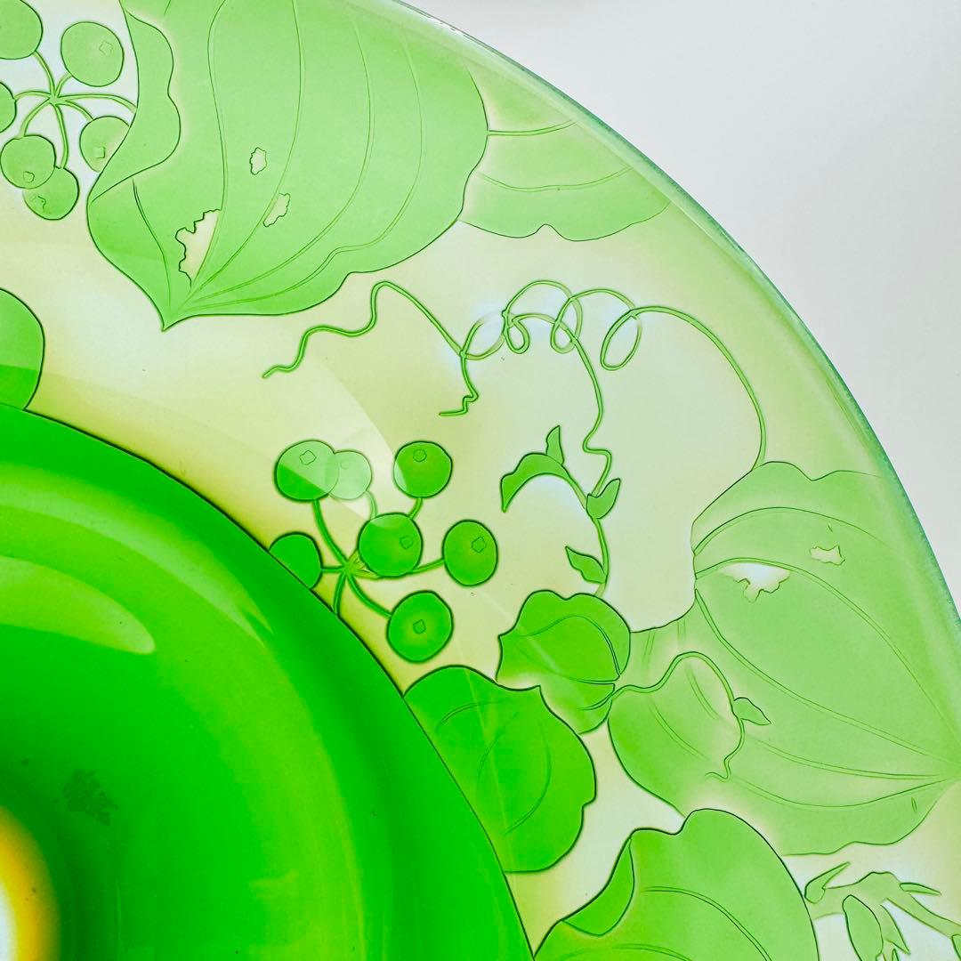 【硝子工芸　山田美彌子　月の宵　大皿　共箱】インテリア　グリーンガラス