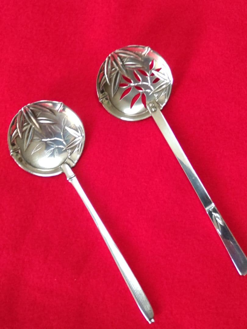 銀製笹模様お取りしゃもじ二点/銀製楊枝