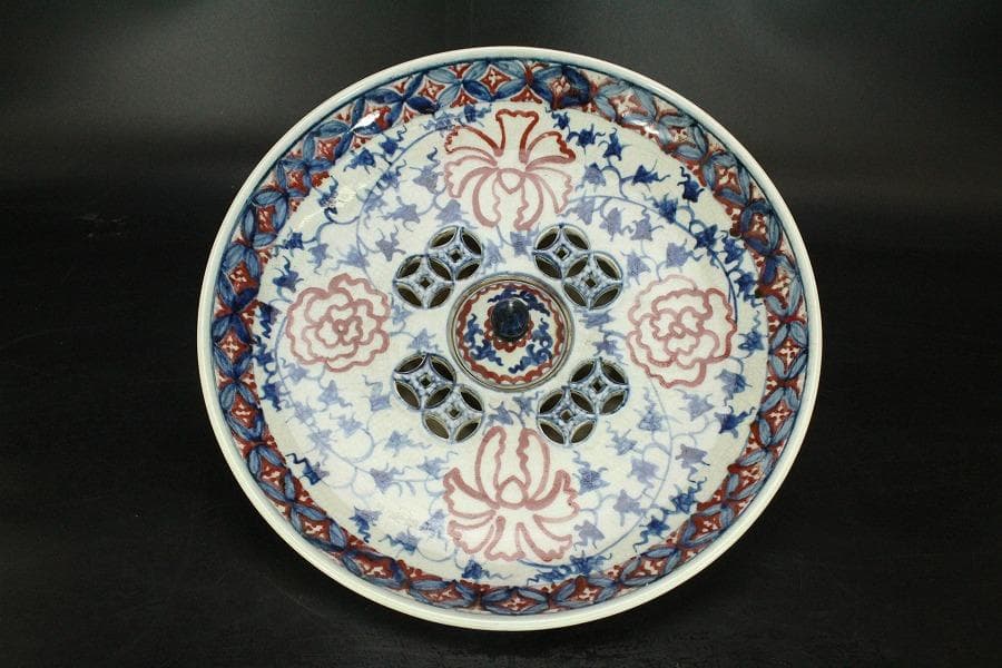 中国美術 赤絵青花 纏枝蓮花紋 壷盤 φ30.5cm(LC178)