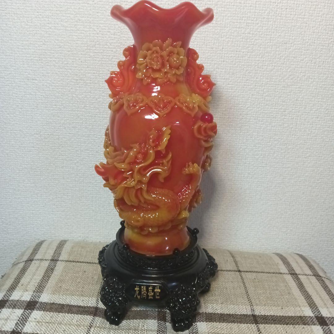 中国美術 朱色の龍の彫刻と鳳凰の彫刻 置物 風水アイテム