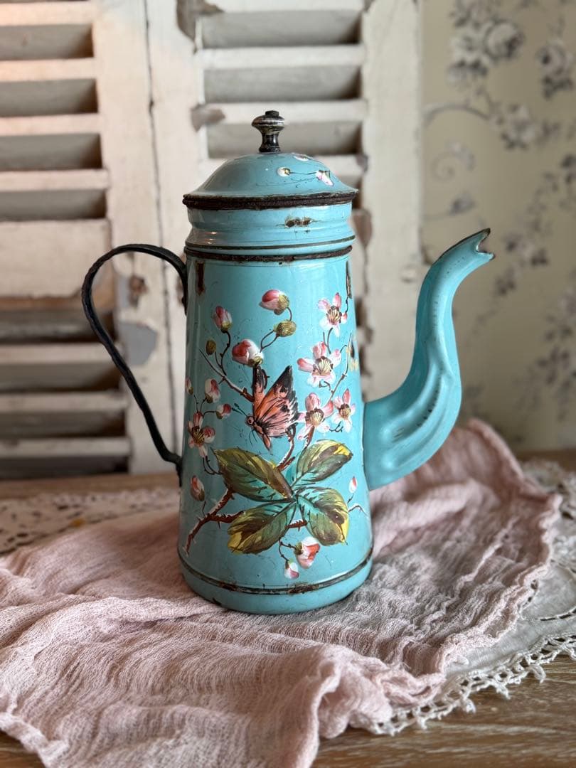 激レア！オールハンドペイントフランスアンティーク水色に小鳥柄のホーローポット