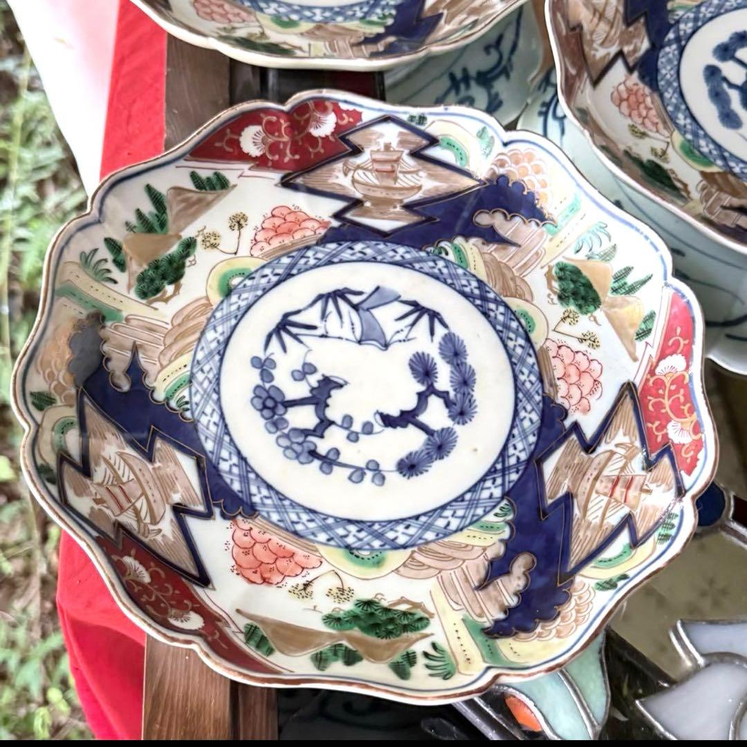 雪解特別価格‼️GOLD伊万里錦手　帆かけ舟❌山水❌米俵富貴長春八寸皿5客