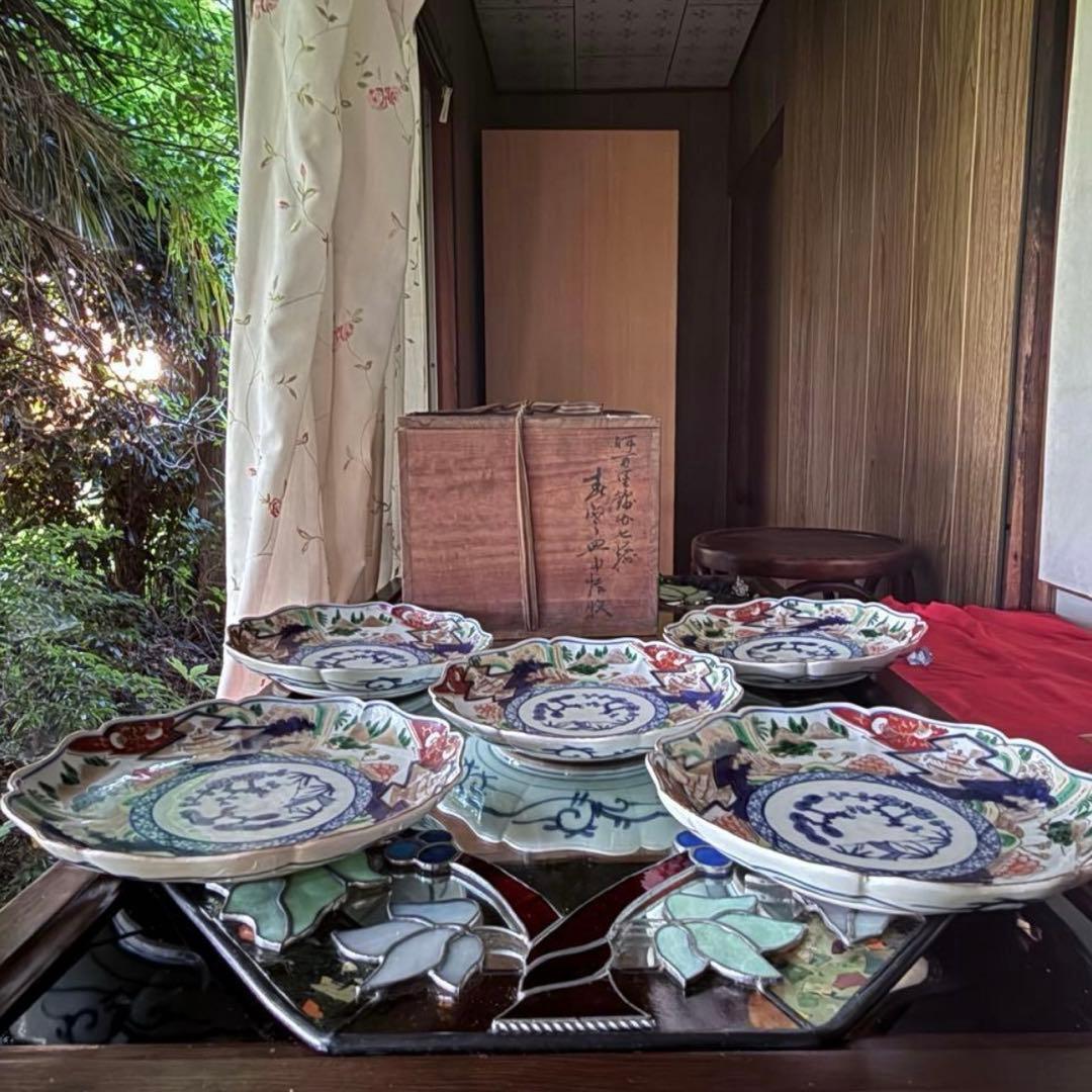 雪解特別価格‼️GOLD伊万里錦手　帆かけ舟❌山水❌米俵富貴長春八寸皿5客