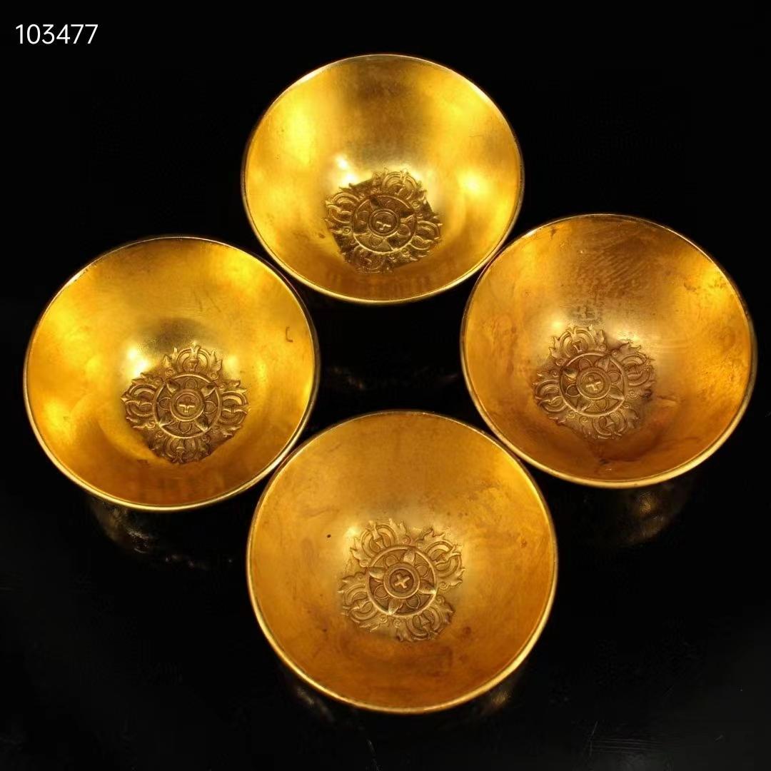 中国古美術・旧蔵收・純銅・純手作り・鎏金四神獣供碗一セット・ 茶道具・置物・食器