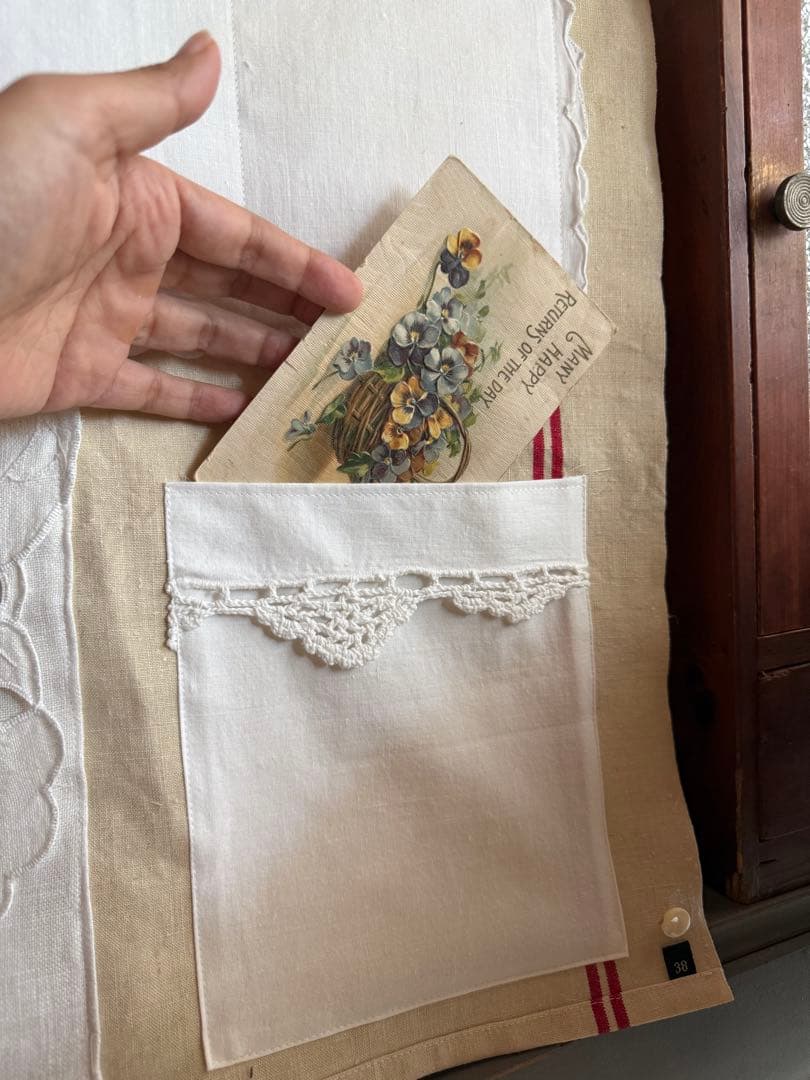 フランスアンティークஐ⋆*大人可愛いウォールポケット・リネン・花柄・刺繍