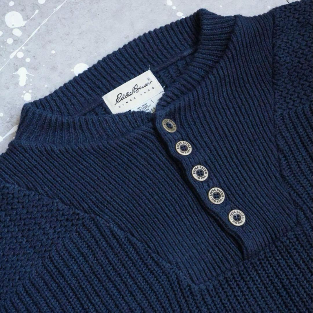 Eddie Bauer ネイビー ヘンリーネックニット XL アメリカ製