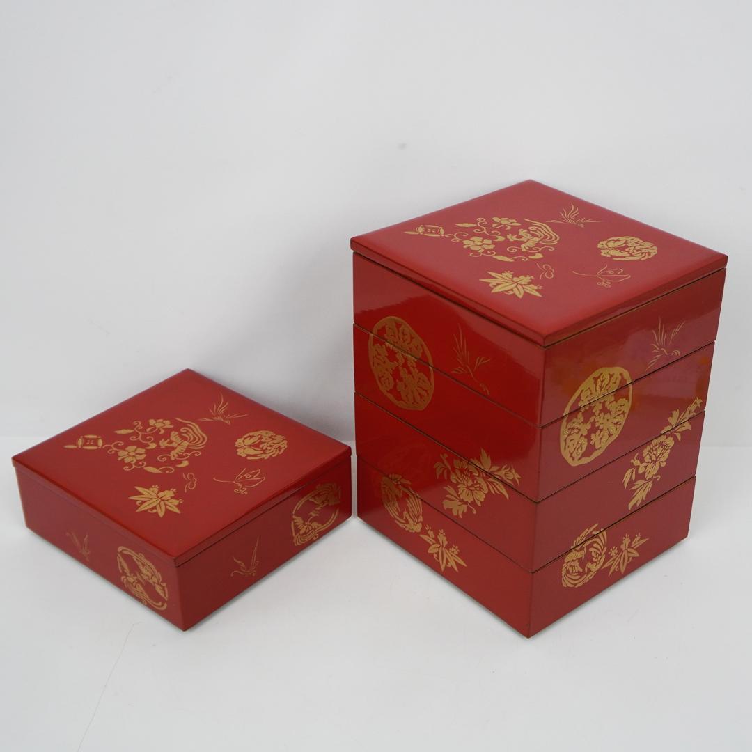 漆 蒔絵 重箱 五段 蓋2枚付き 松竹梅 縁起物 収納箱 付属