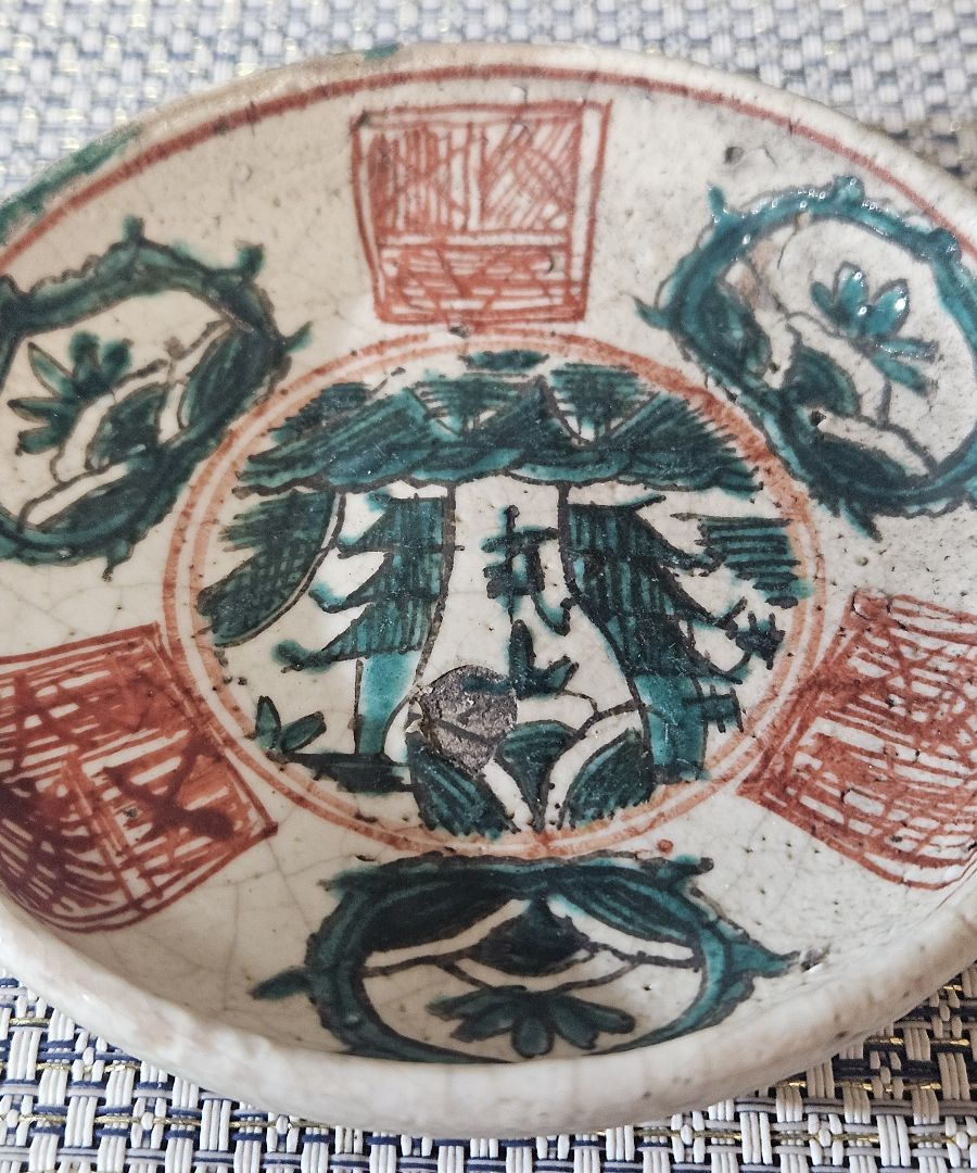 中国古美術　中国古陶磁器　明代　呉須赤絵　青釉　山水図　10.6cm小皿　豆皿