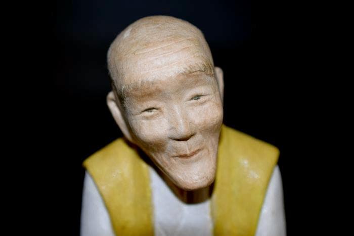 紙塑人形創始者　鶴巻 三郎　作『にらめっこ』日本人形　共箱　真作保証